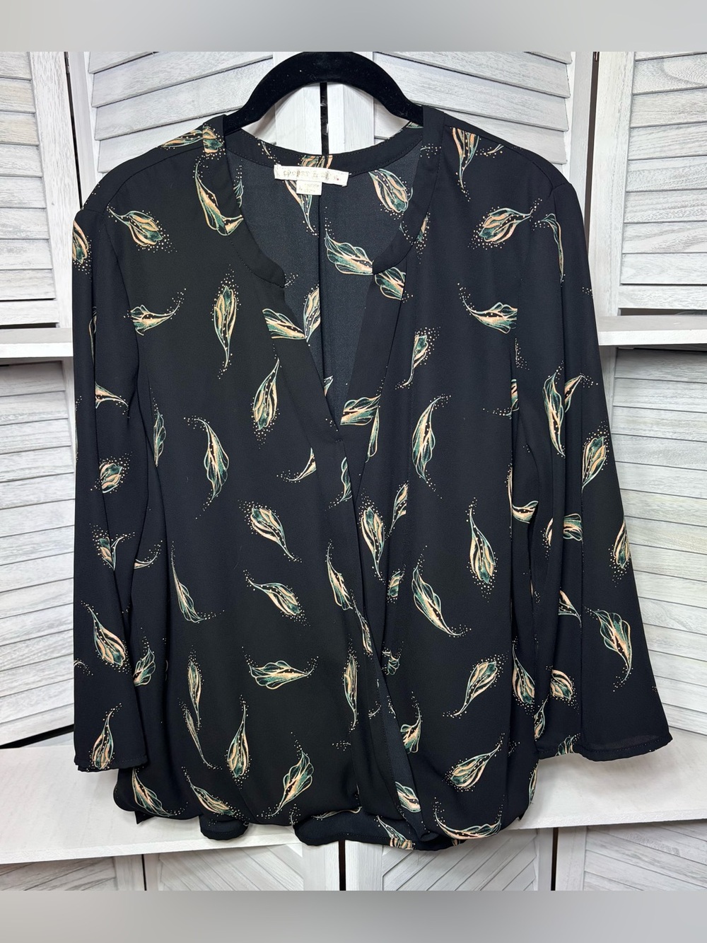 Cooper & Ella Black Feather Print Wrap Blouse L